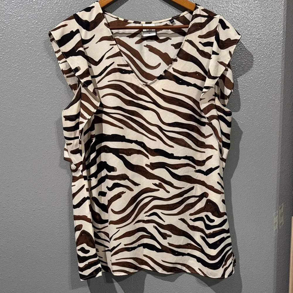 CAbi Zebra Stripe V-Neck blouse in Brown, Dark Brown and Cream - Picture 1 of 3